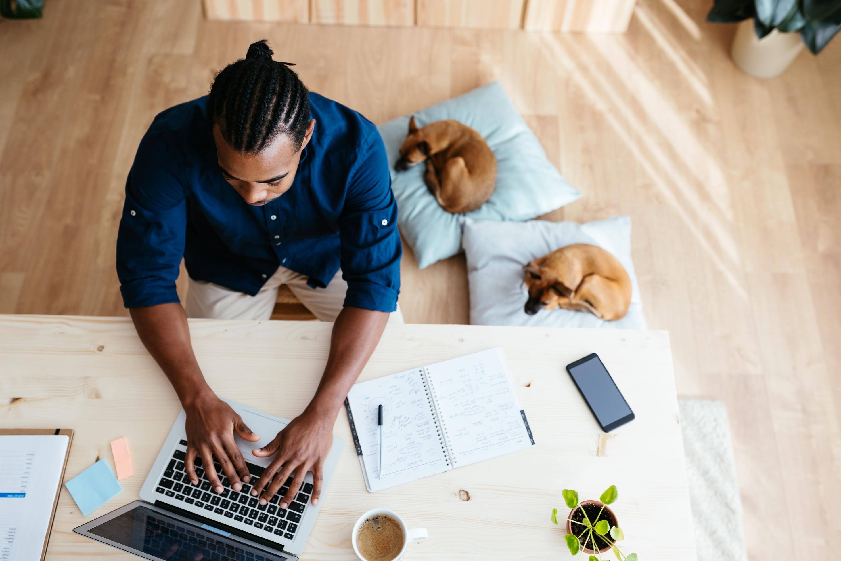 Man Working On Remote Project From Home With Two Dogs